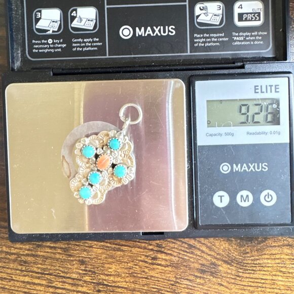 VTG James Shay Navajo Turquoise Coral Concho Design Cross Sterling Silver 925 2" - Picture 7 of 11